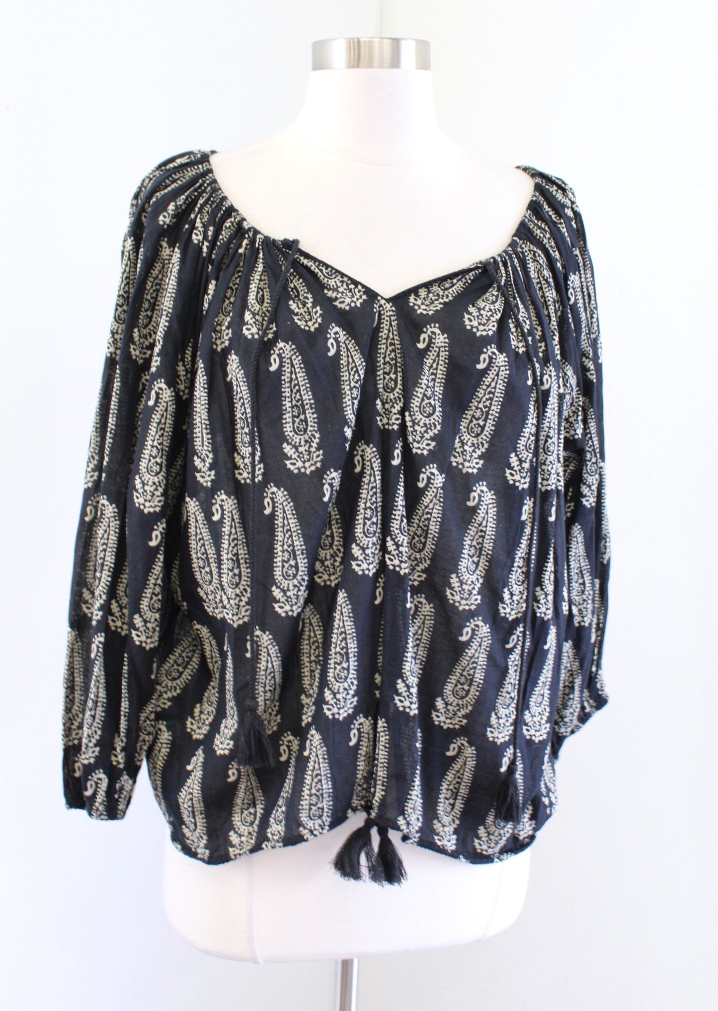 Denim and Supply Ralph Lauren Black Beige Paisley Print Tassel Tie Top Blouse M