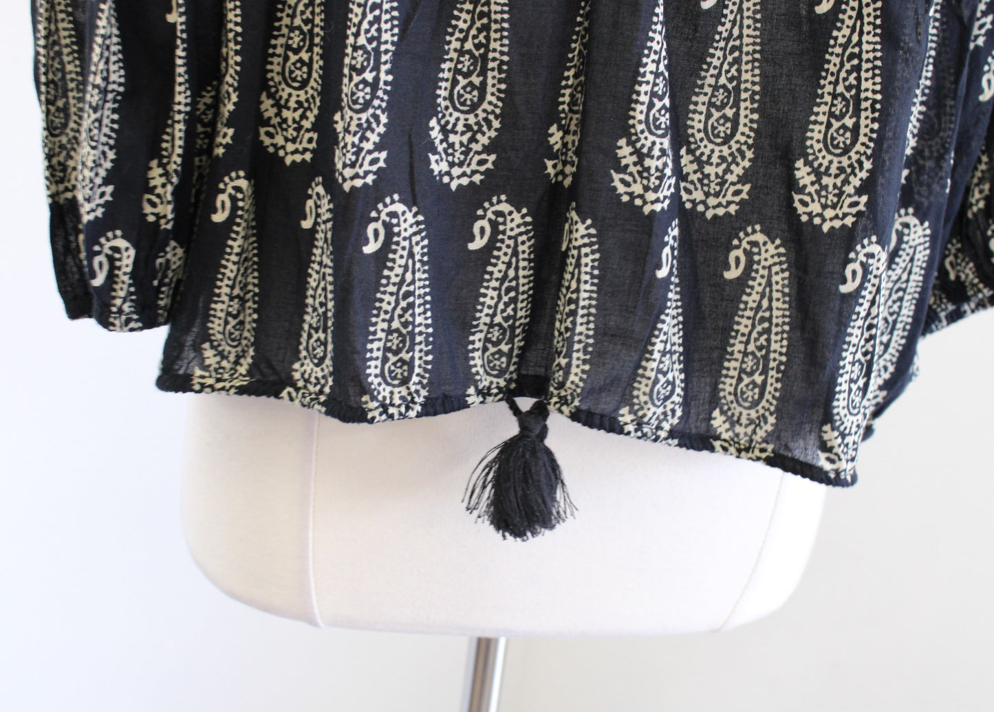 Denim and Supply Ralph Lauren Black Beige Paisley Print Tassel Tie Top Blouse M