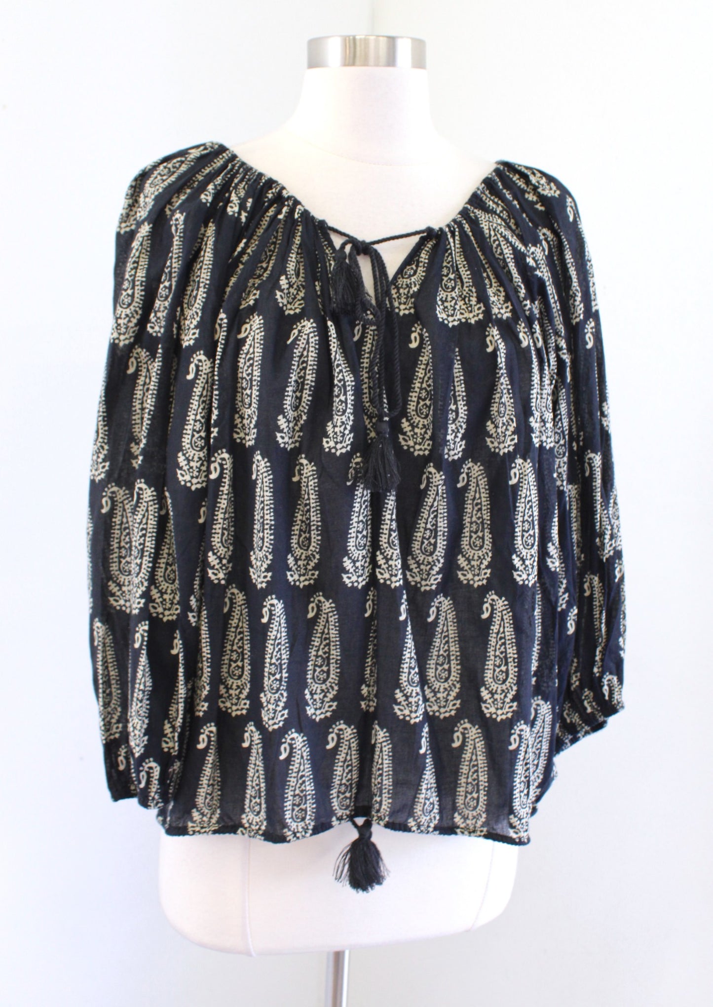 Denim and Supply Ralph Lauren Black Beige Paisley Print Tassel Tie Top Blouse M