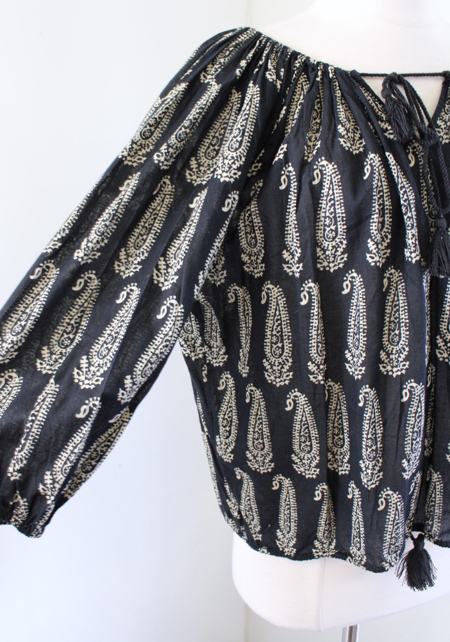 Denim and Supply Ralph Lauren Black Beige Paisley Print Tassel Tie Top Blouse M