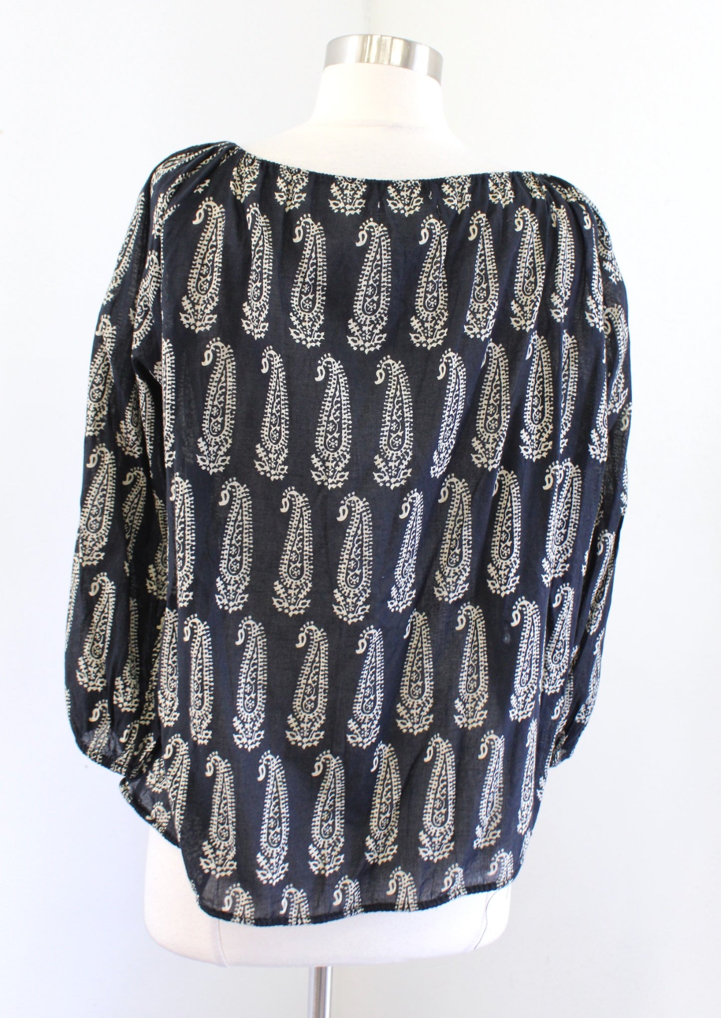 Denim and Supply Ralph Lauren Black Beige Paisley Print Tassel Tie Top Blouse M