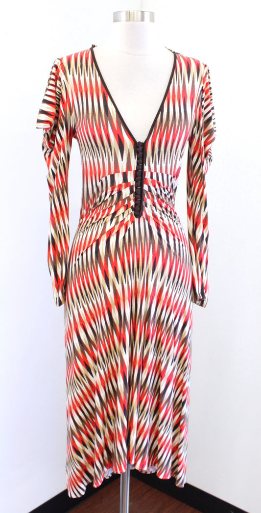 NWT Eva Franco Geometric Print Plunge V Neck Hi Lo Knit Dress Ruched Sz 4 Artsy