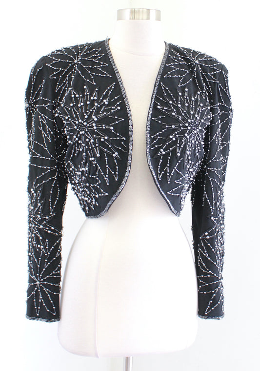 Vtg 90s Black Starburst Floral Embroidered Sequin Beaded Bolero Jacket Size 4