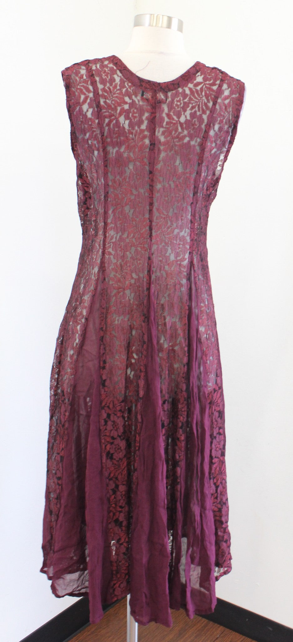 Vtg 90s Starina Burgundy Wine Sheer Lace Pleated V Neck Midi Dress Size M Boho