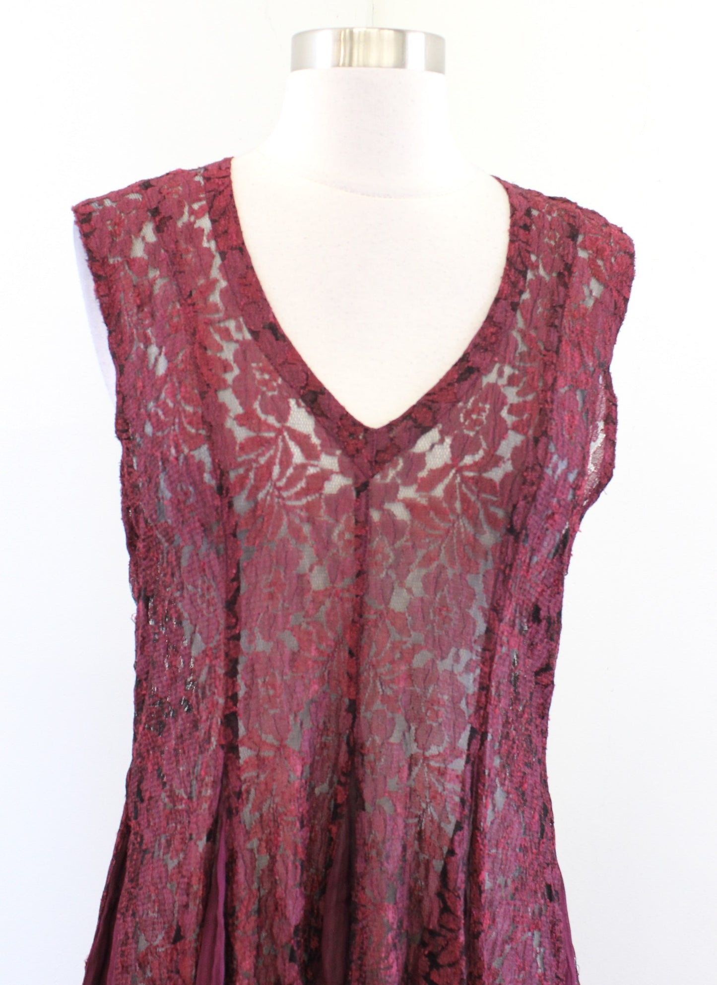 Vtg 90s Starina Burgundy Wine Sheer Lace Pleated V Neck Midi Dress Size M Boho