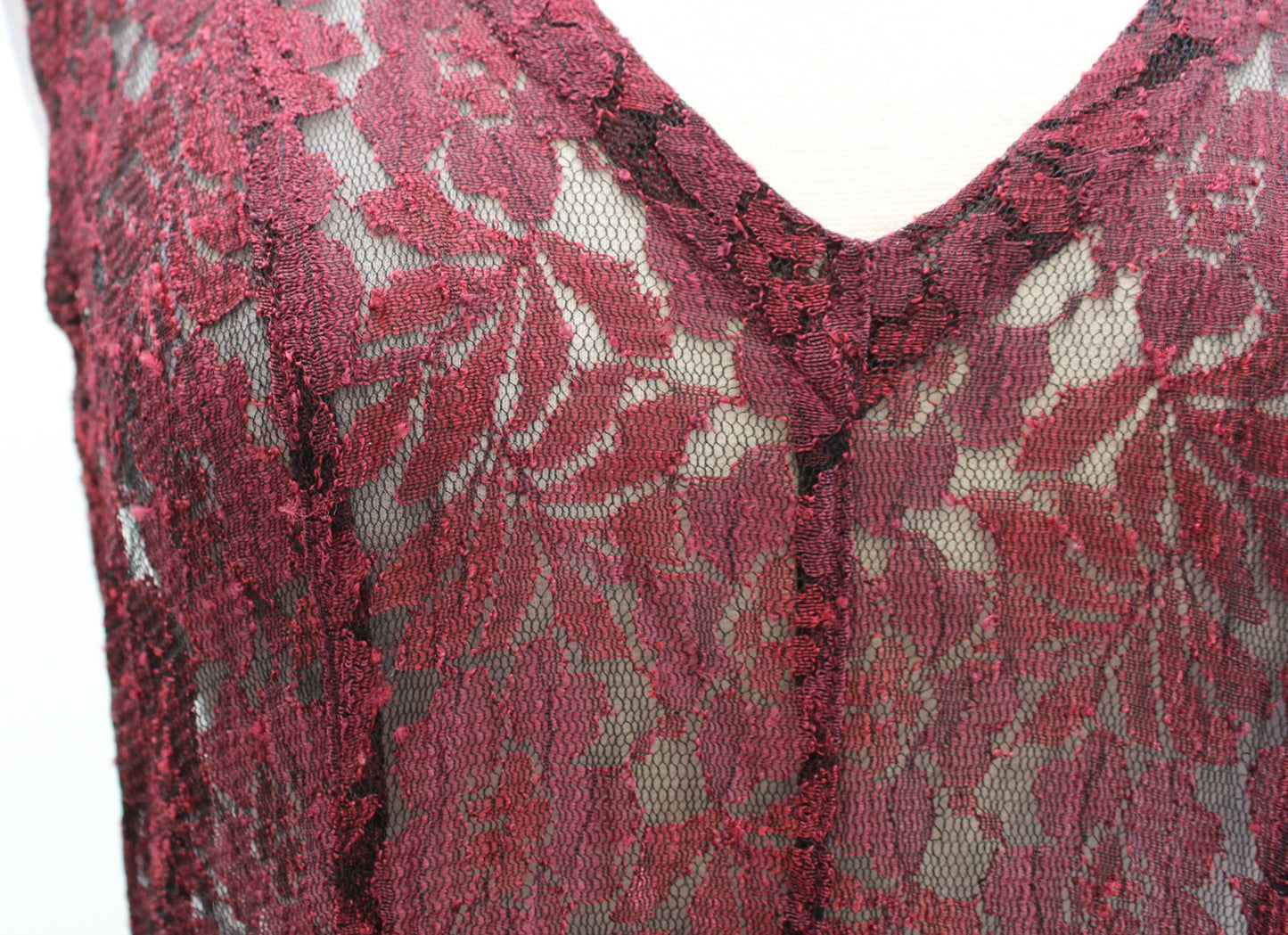 Vtg 90s Starina Burgundy Wine Sheer Lace Pleated V Neck Midi Dress Size M Boho
