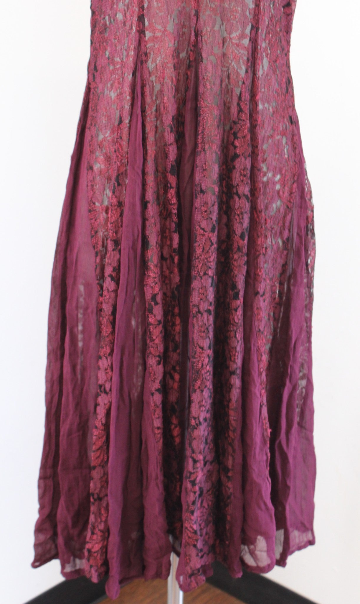 Vtg 90s Starina Burgundy Wine Sheer Lace Pleated V Neck Midi Dress Size M Boho