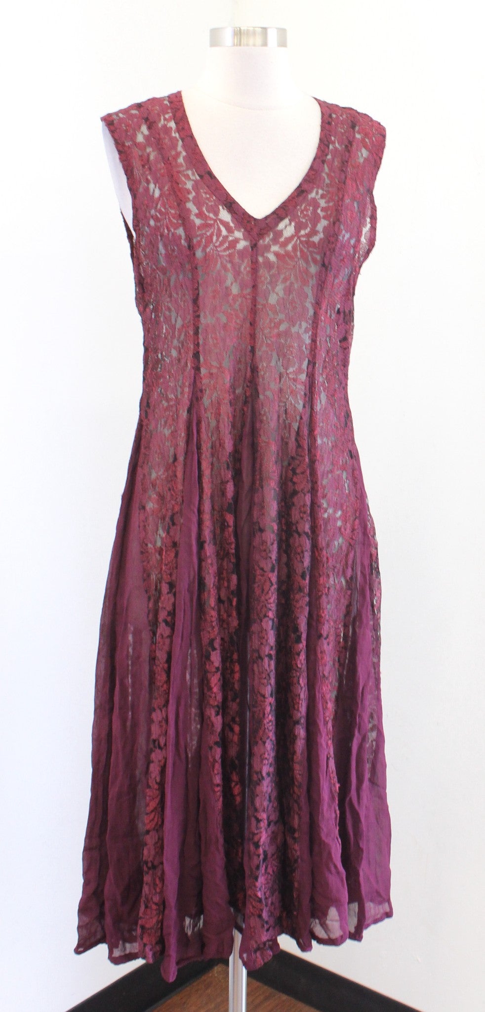 Vtg 90s Starina Burgundy Wine Sheer Lace Pleated V Neck Midi Dress Size M Boho