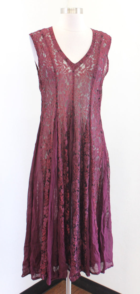 Vtg 90s Starina Burgundy Wine Sheer Lace Pleated V Neck Midi Dress Size M Boho