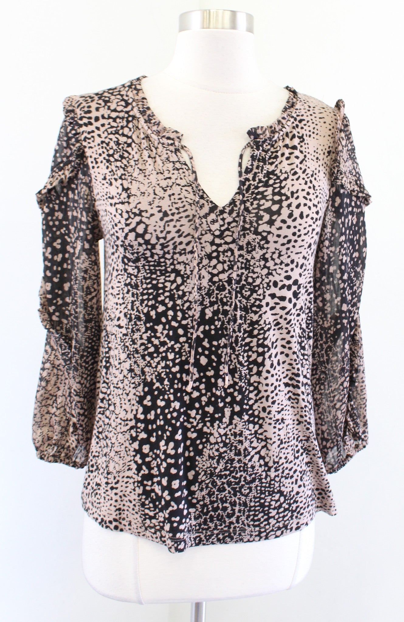 Maeve Anthropologie Jacquin Leopard Print Ruffle Tie Neck Peasant Top Blouse XS