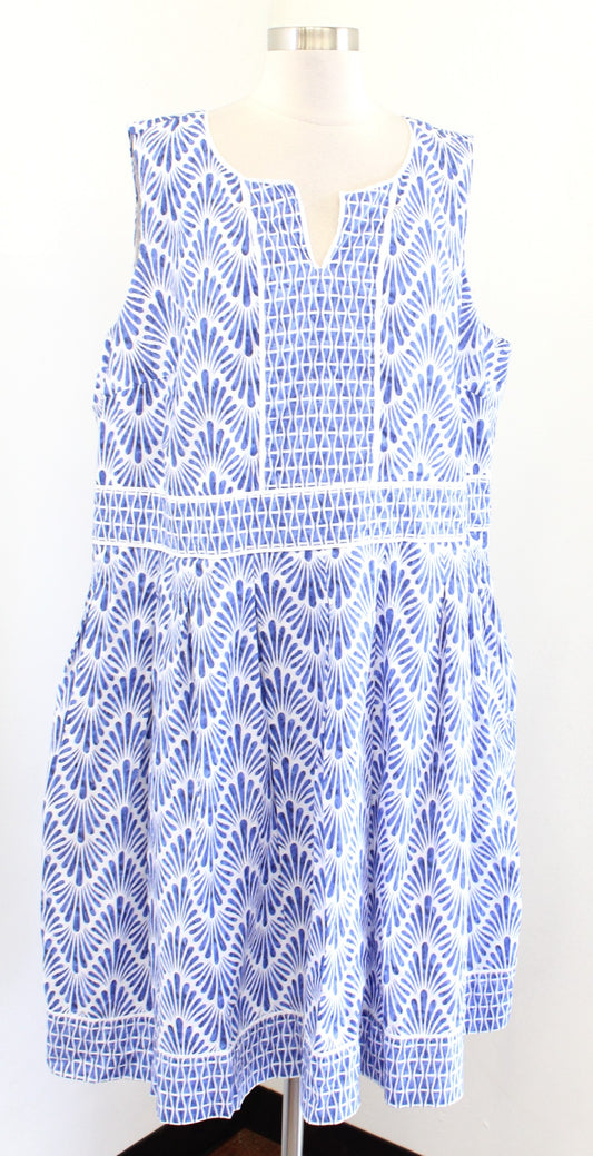 Talbots Plus Blue White Geometric Print Fit and Flare Dress Size 20W Sleeveless