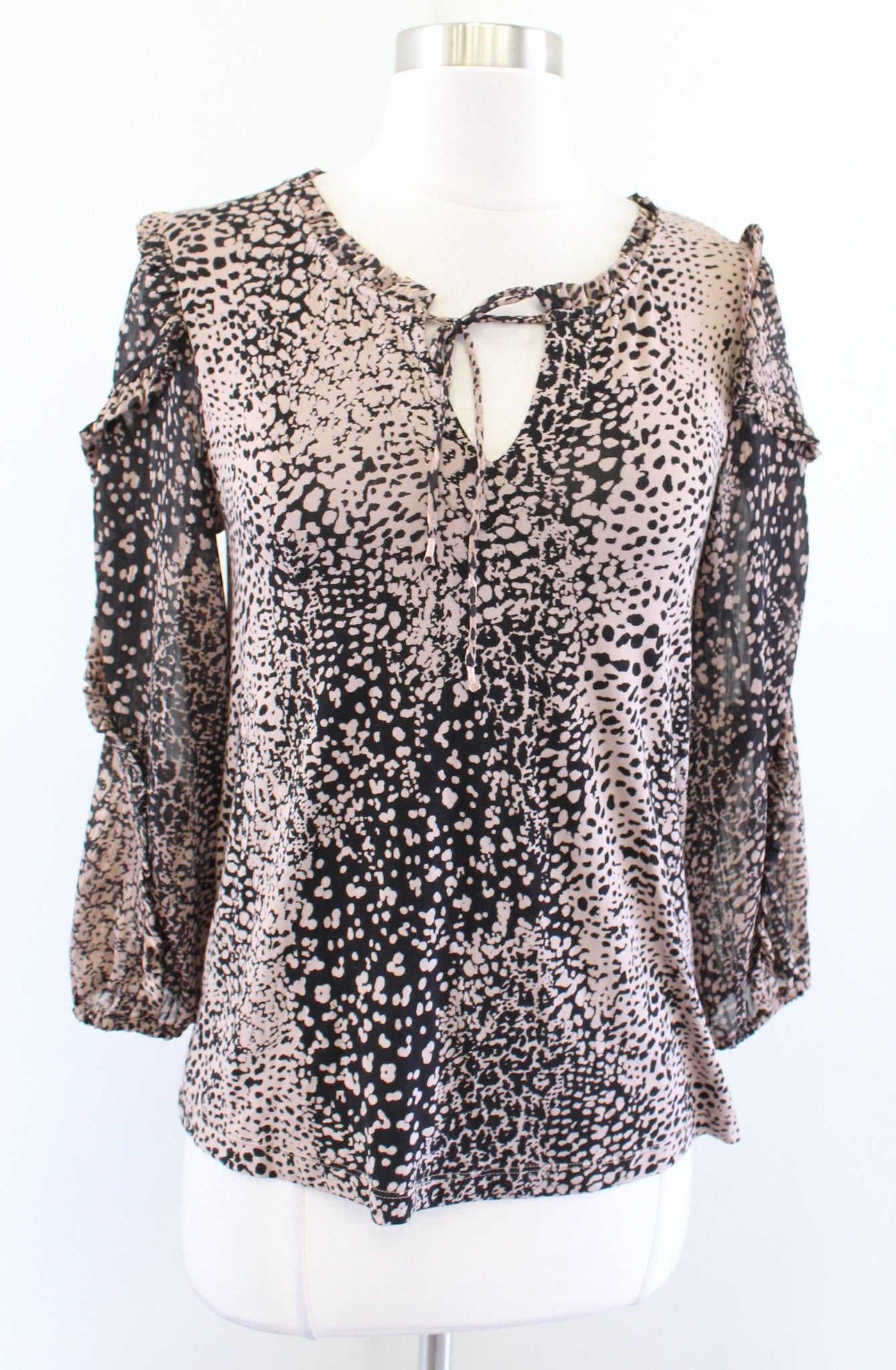 Maeve Anthropologie Jacquin Leopard Print Ruffle Tie Neck Peasant Top Blouse XS