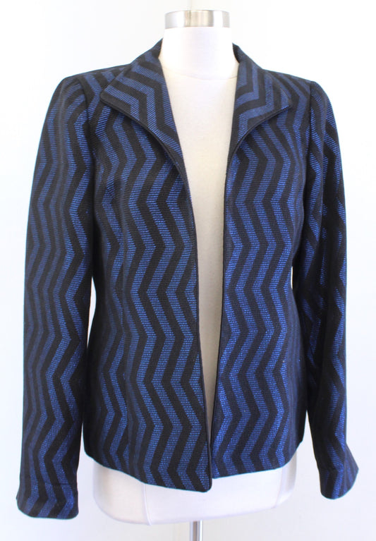 Nina McLemore Black Blue Metallic Chevron Striped Open Front Jacket Size 4