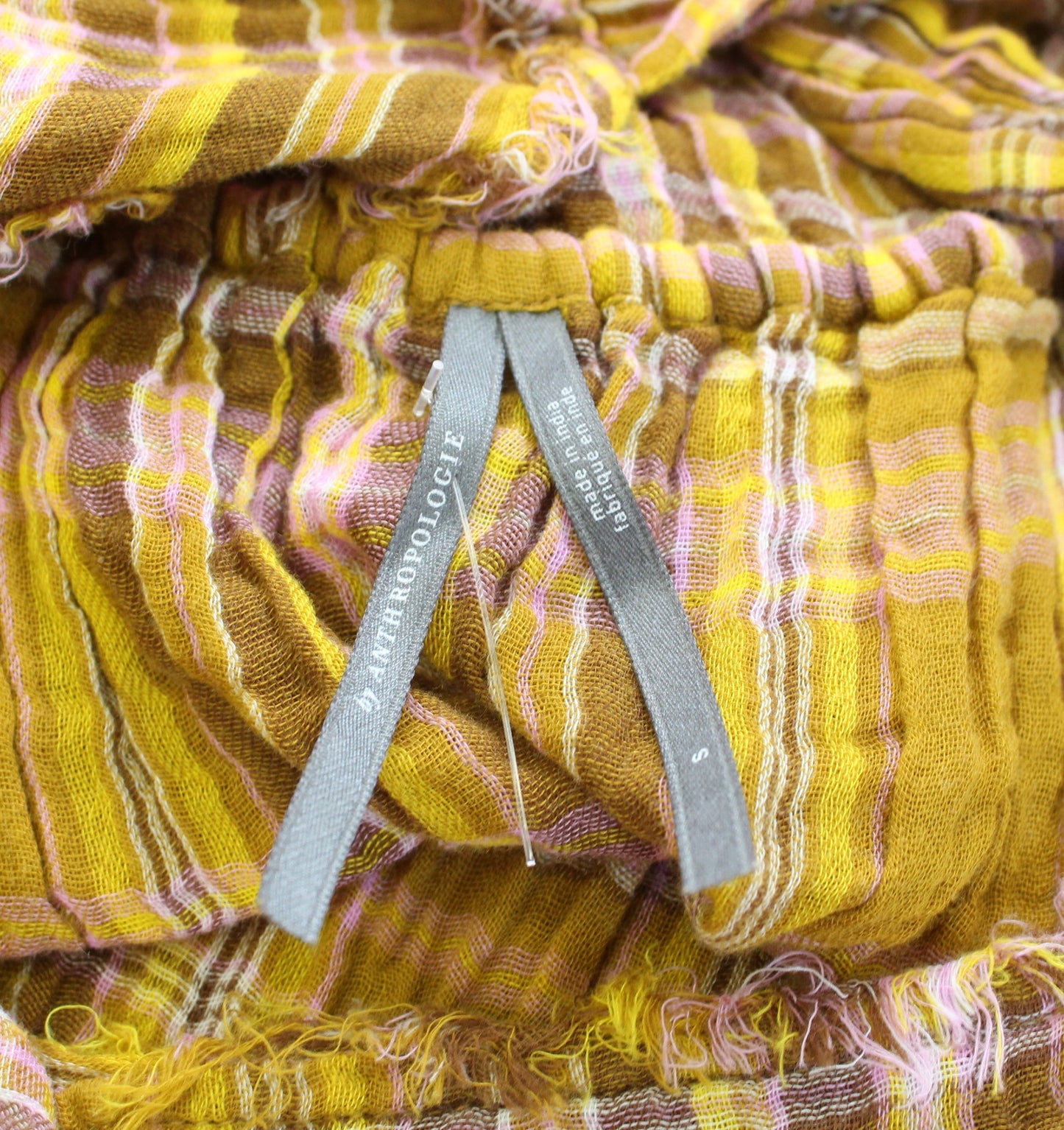 by Anthropologie Yellow Plaid Gauzy Tie Back Mini Tunic Dress Size S Casual