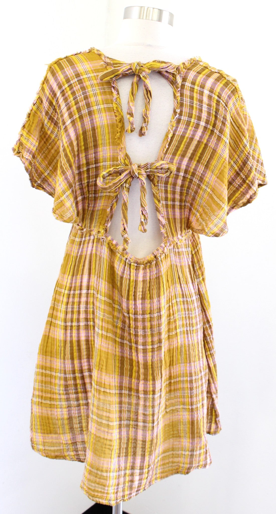 by Anthropologie Yellow Plaid Gauzy Tie Back Mini Tunic Dress Size S Casual