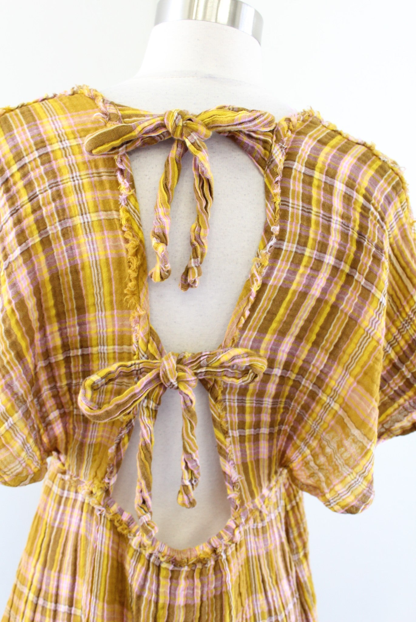 by Anthropologie Yellow Plaid Gauzy Tie Back Mini Tunic Dress Size S Casual