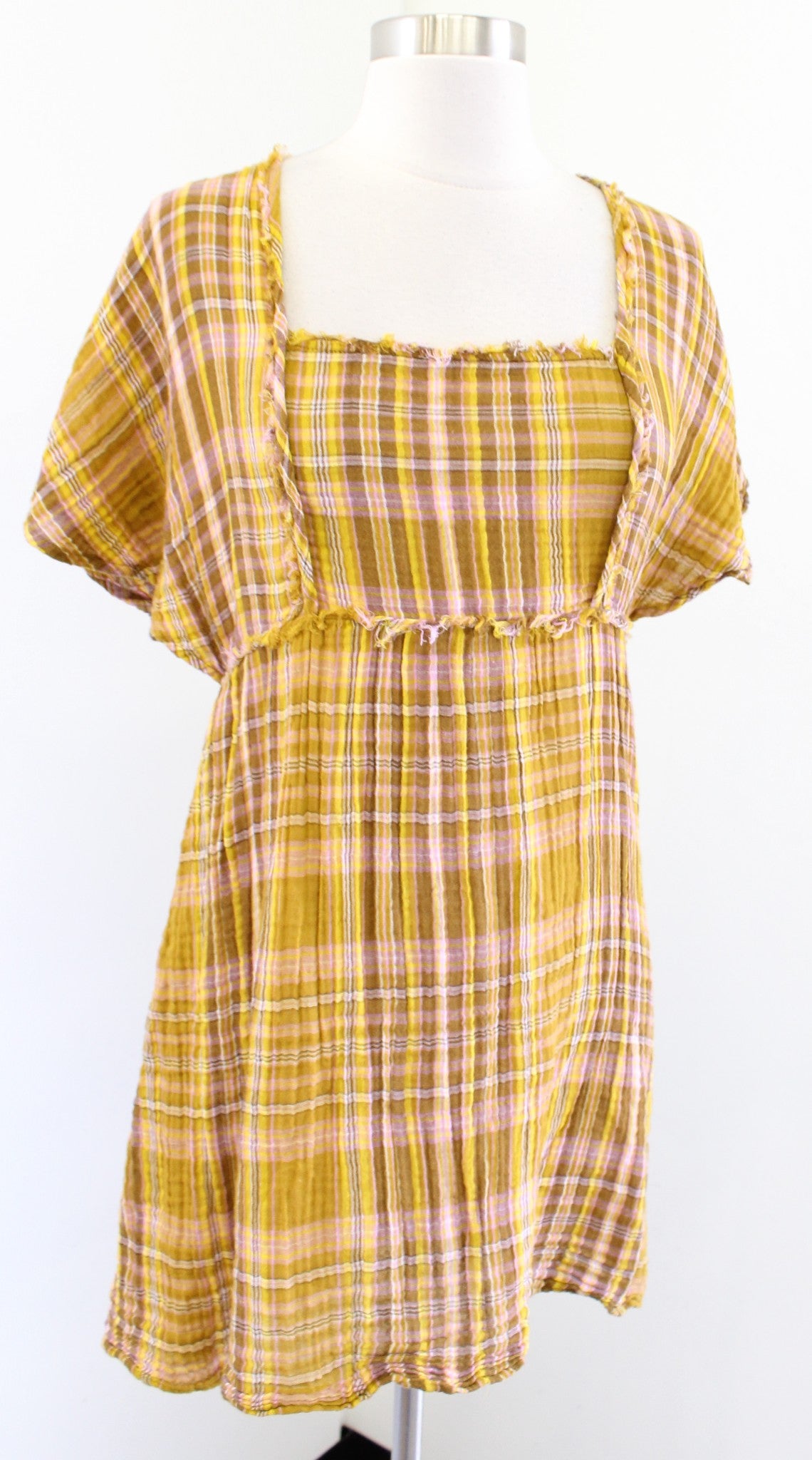 by Anthropologie Yellow Plaid Gauzy Tie Back Mini Tunic Dress Size S Casual
