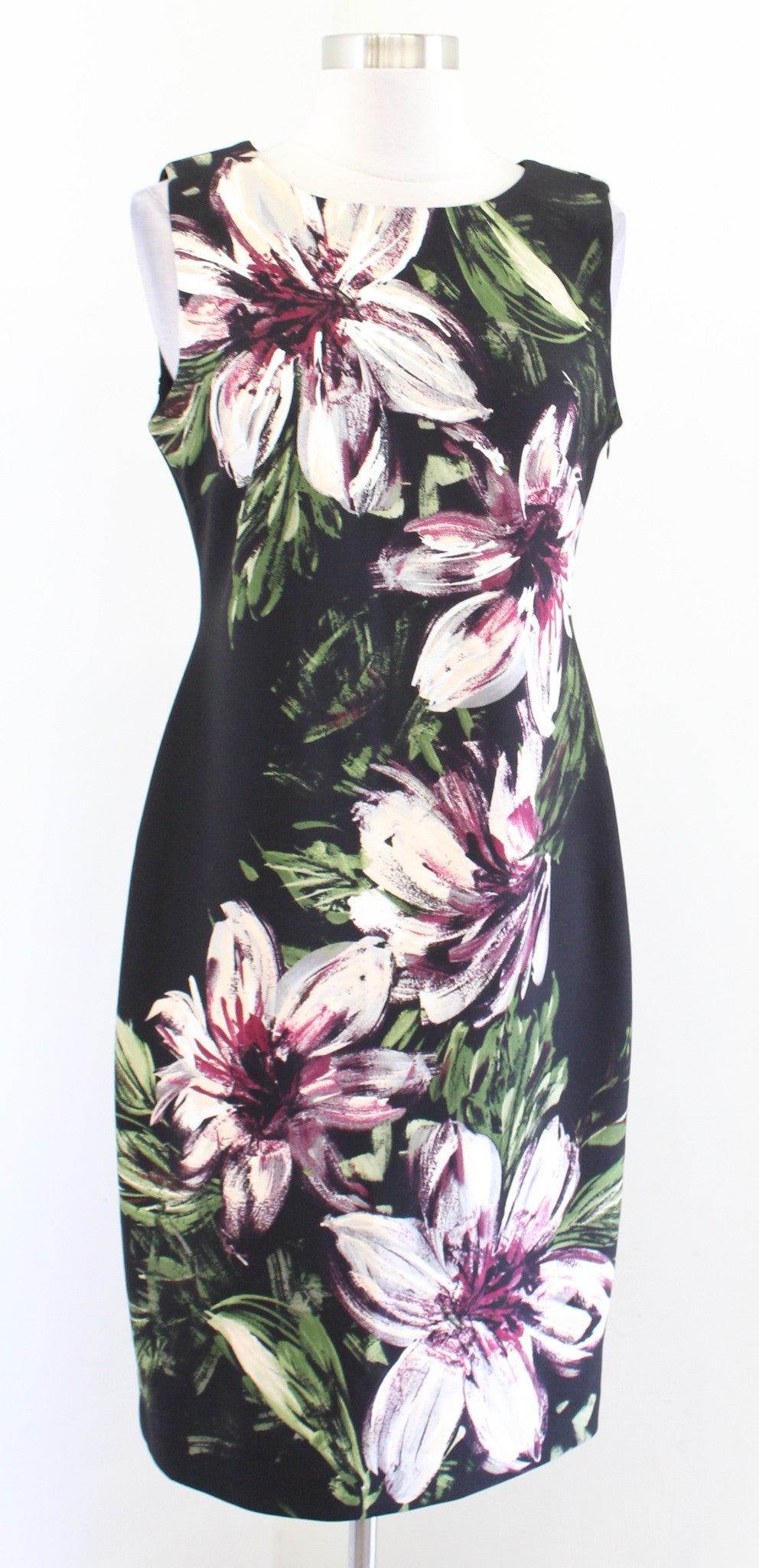 Calvin Klein Black Burgundy Silver Painted Floral Sheath Dress Size 6 Career