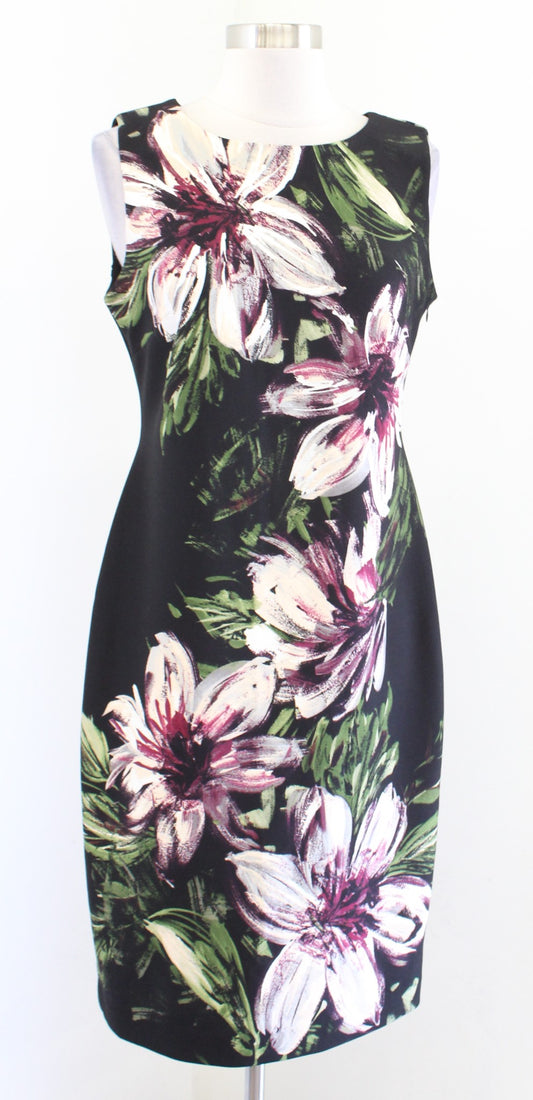 Calvin Klein Black Burgundy Silver Painted Floral Sheath Dress Size 6 Career