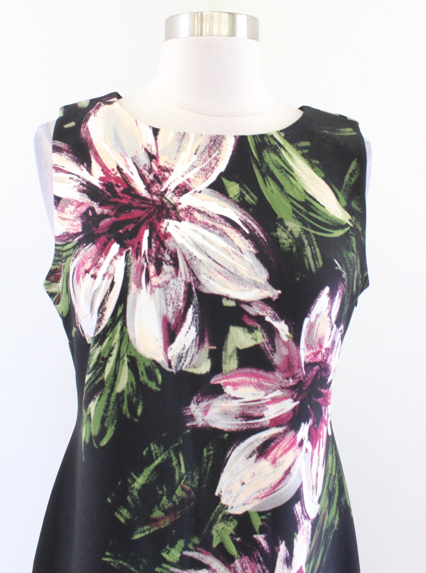 Calvin Klein Black Burgundy Silver Painted Floral Sheath Dress Size 6 Career