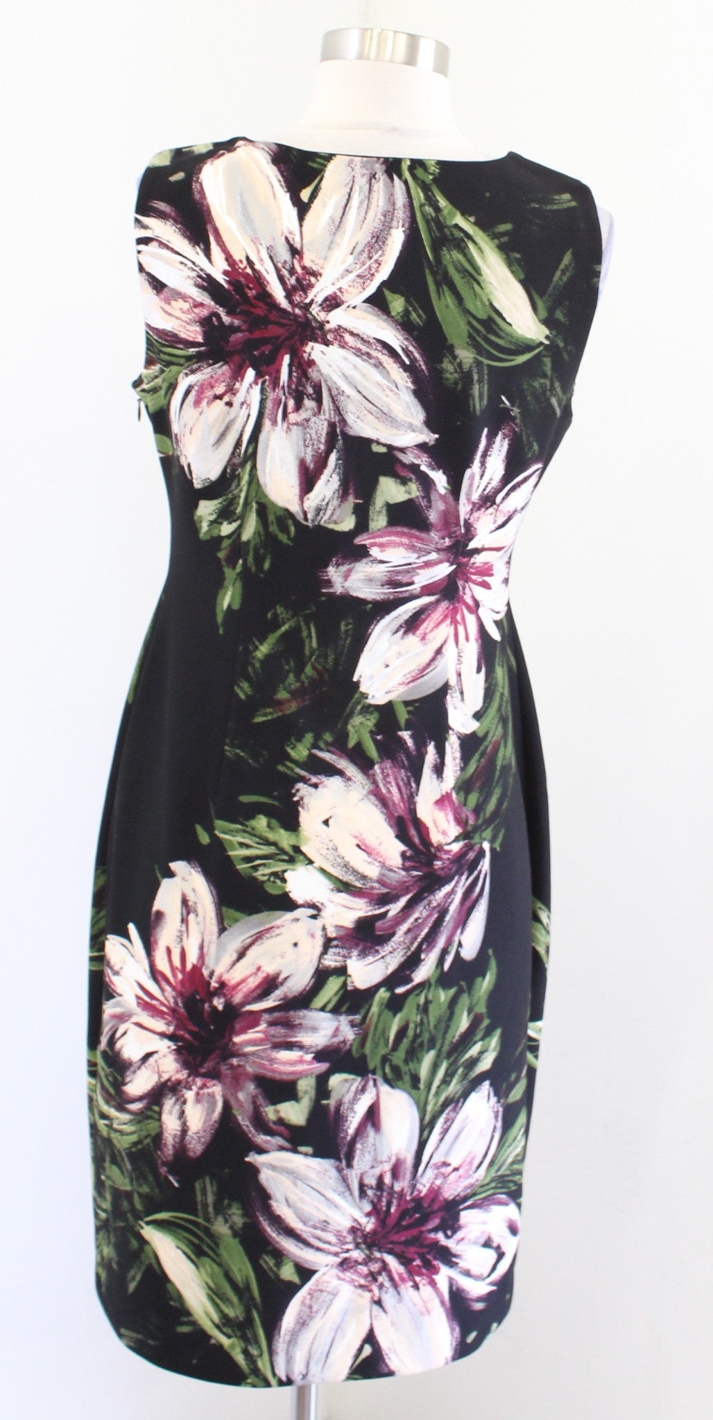 Calvin Klein Black Burgundy Silver Painted Floral Sheath Dress Size 6 Career