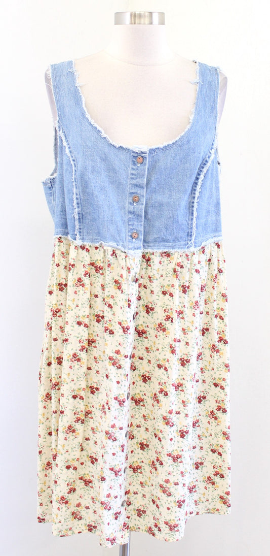Vtg 90s Blue Denim Ditsy Floral Contrast Button Front Dress Size 12 Cottagecore