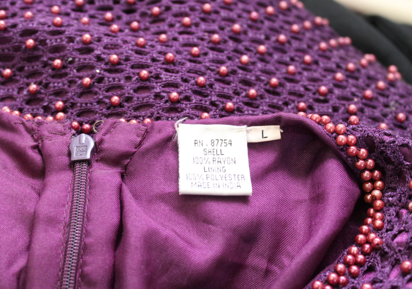 Vtg 90s Unique  Purple Crochet Open Knit Beaded Sleeveless Maxi Dress Size L