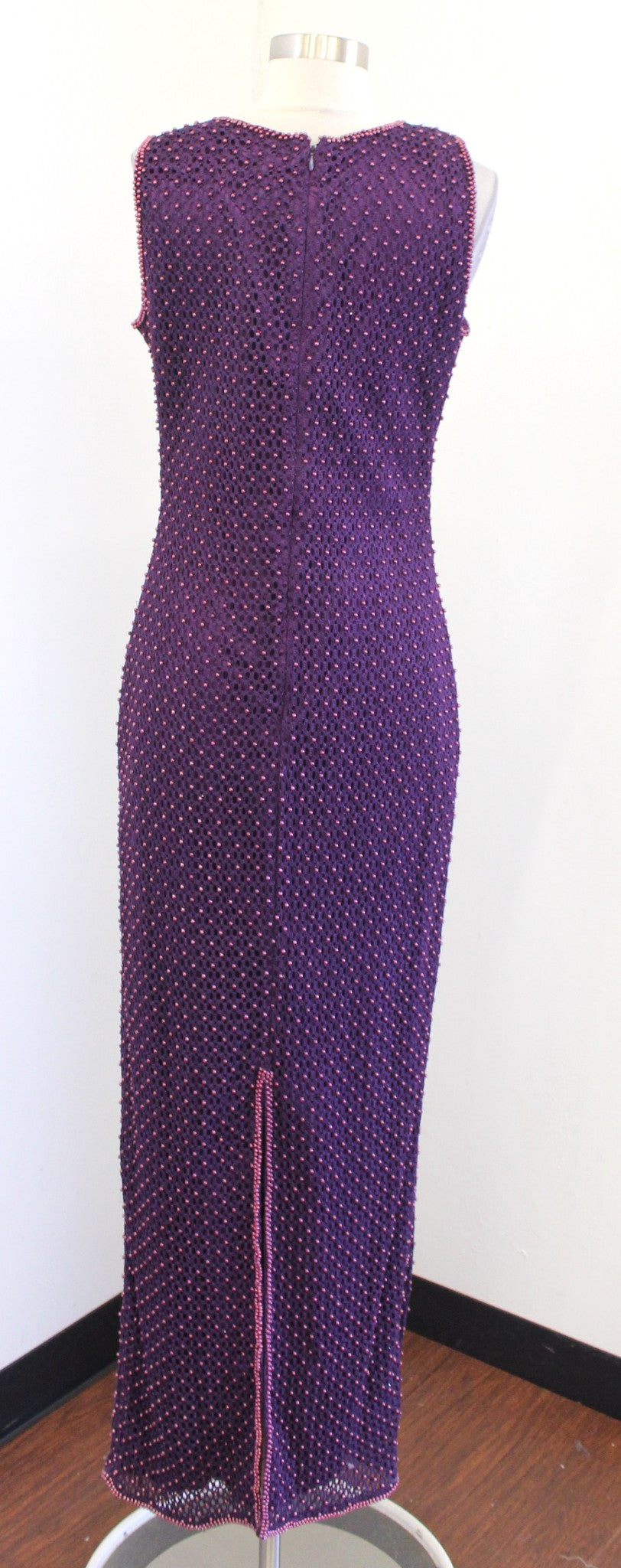 Vtg 90s Unique  Purple Crochet Open Knit Beaded Sleeveless Maxi Dress Size L