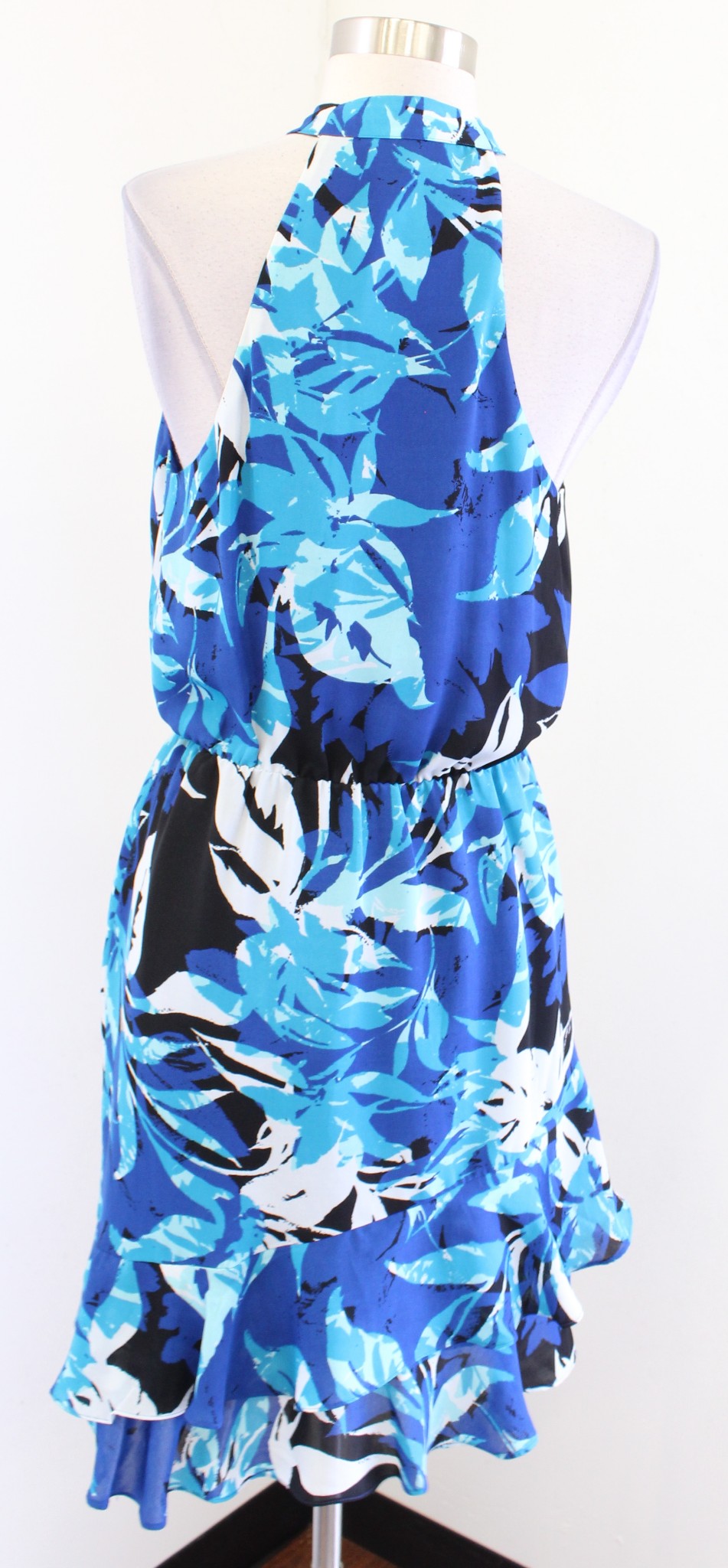 Parker Diane Blue Floral Print Ruffle Tiered Tie Neck Halter Dress Size XS