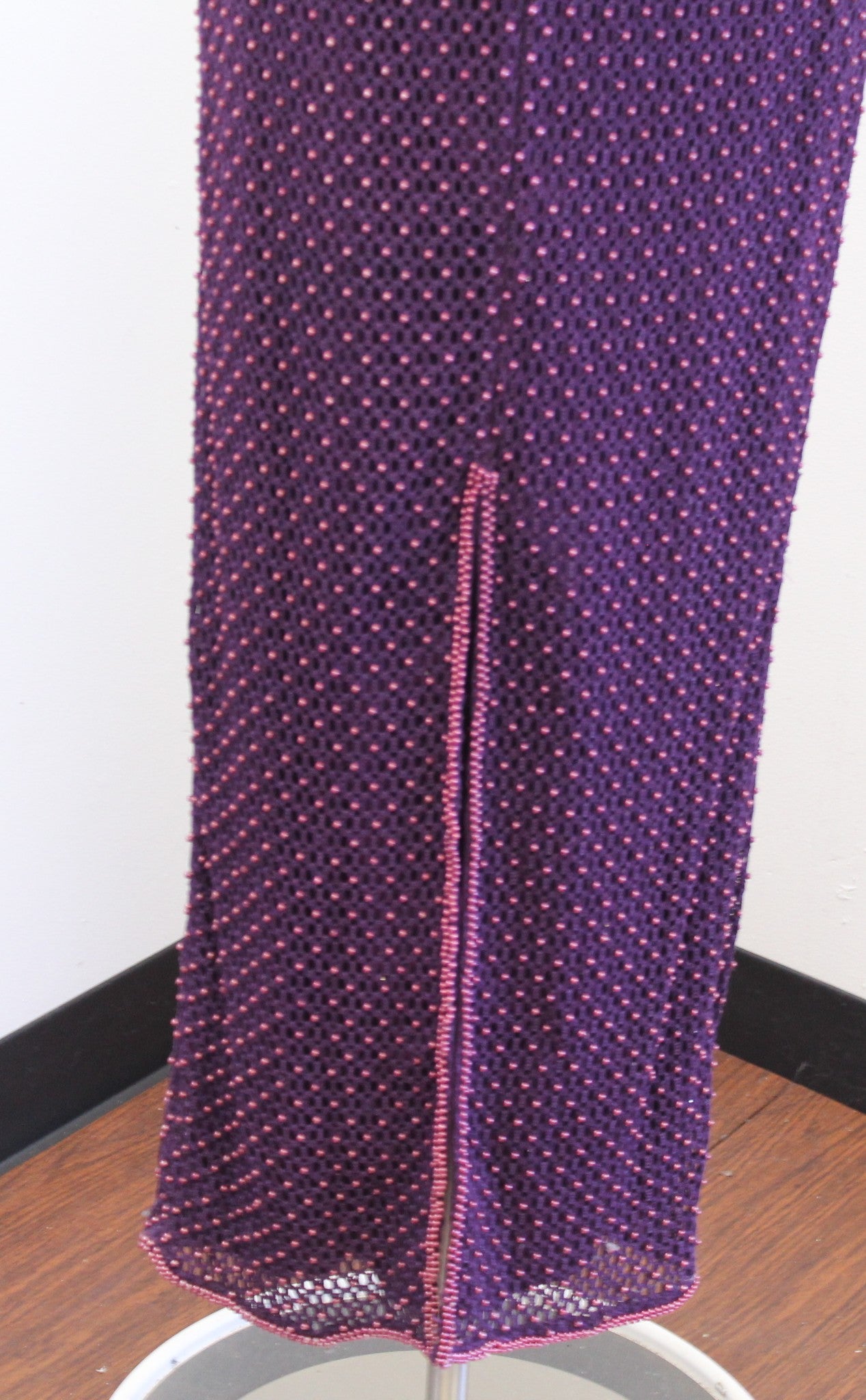 Vtg 90s Unique  Purple Crochet Open Knit Beaded Sleeveless Maxi Dress Size L