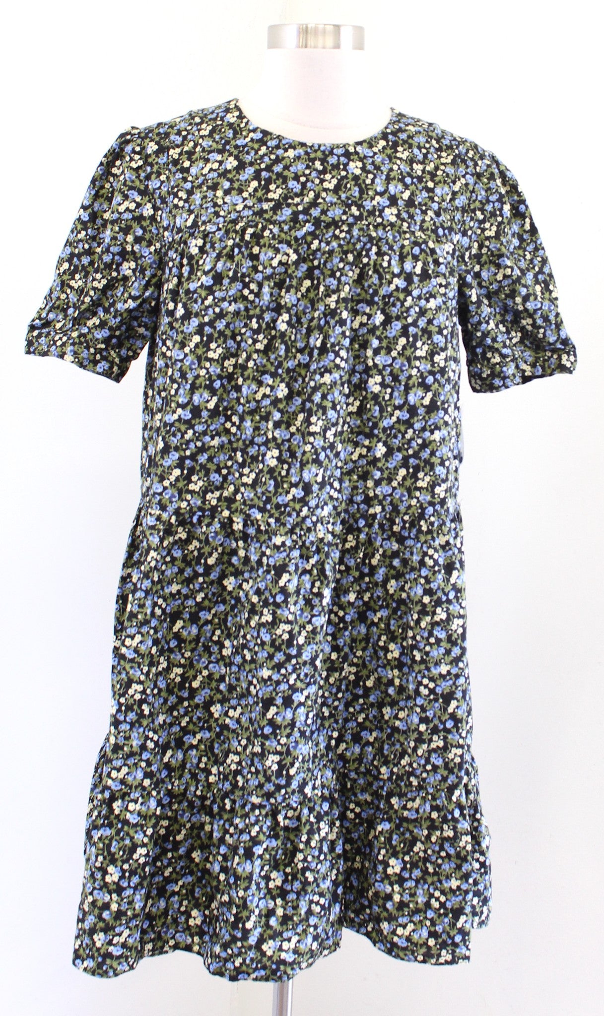 New Hyacinth House Tuckernuck Quinn Black Blue Floral Tiered Mini Shift Dress S
