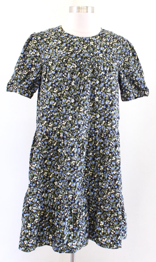 New Hyacinth House Tuckernuck Quinn Black Blue Floral Tiered Mini Shift Dress S