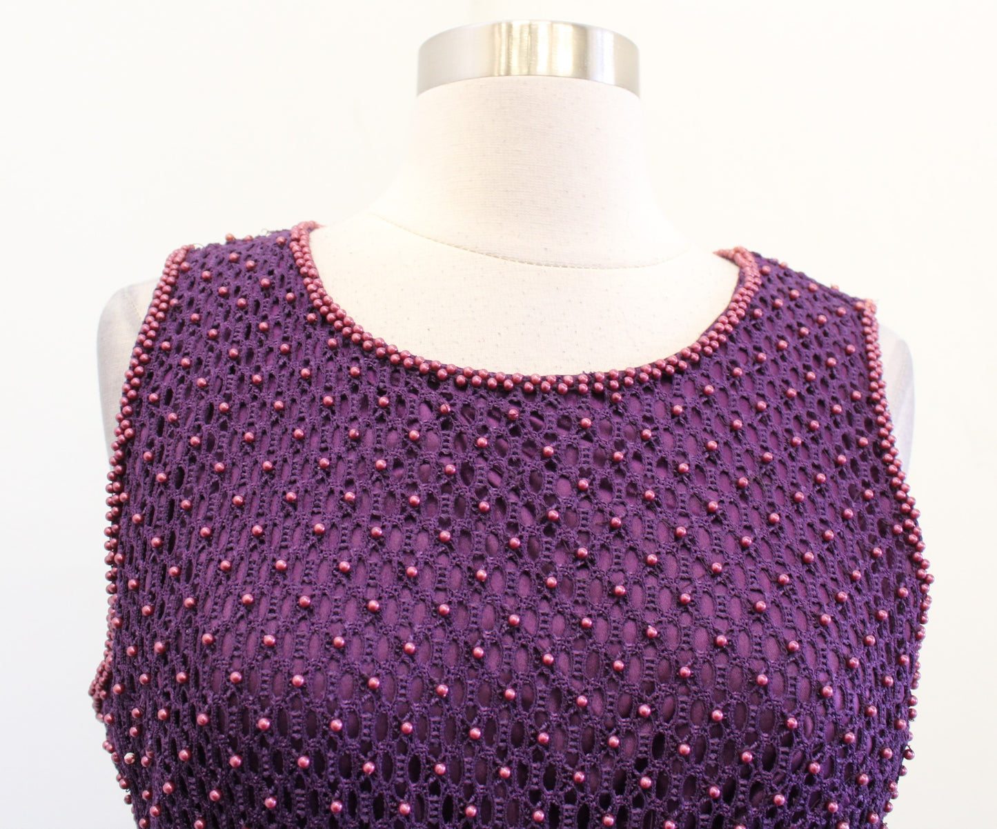 Vtg 90s Unique  Purple Crochet Open Knit Beaded Sleeveless Maxi Dress Size L