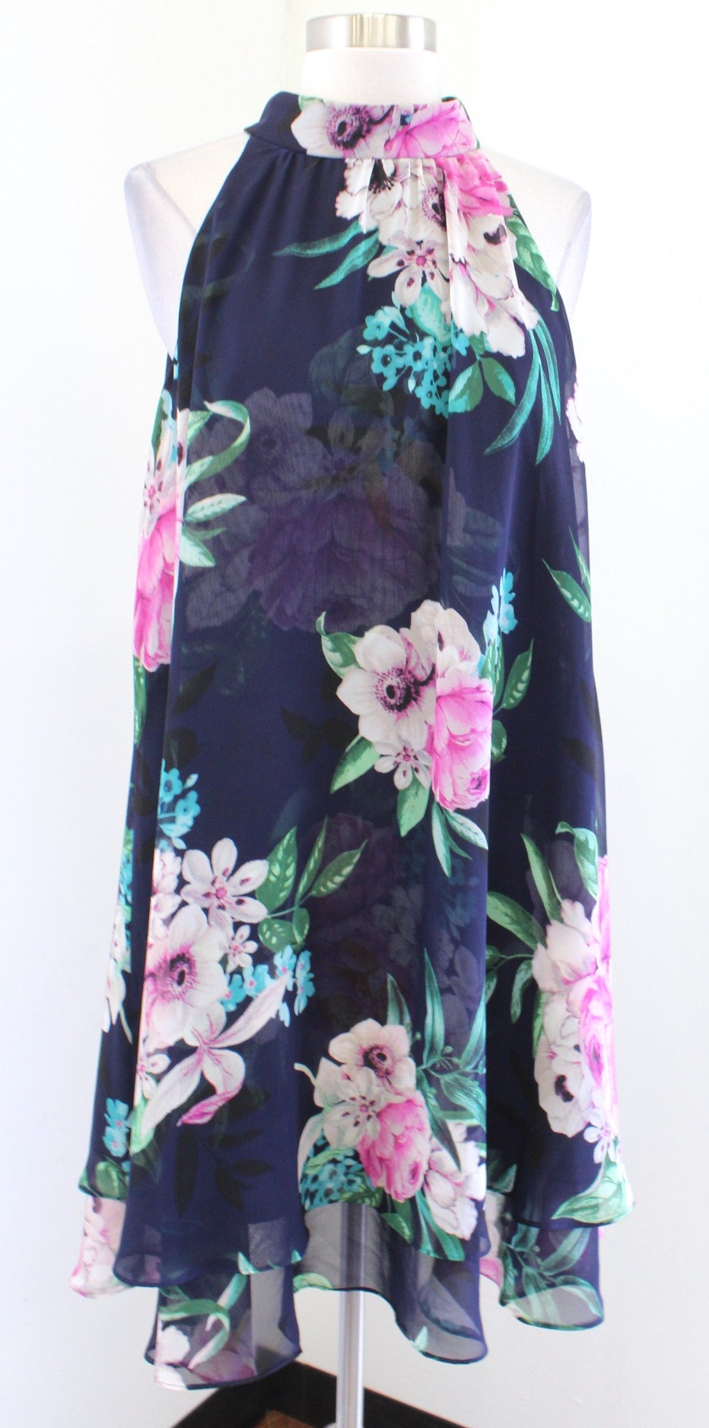 Eliza J Navy Blue Floral Halter Swing Trapeze Shift Dress Size 12 Flutter Hem