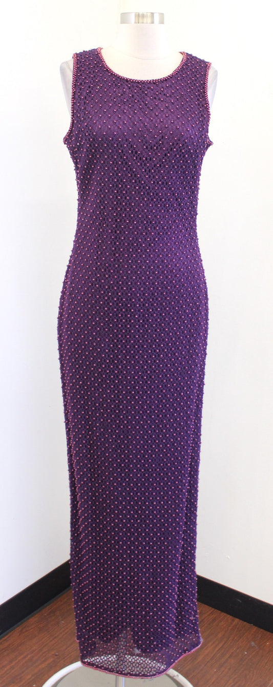 Vtg 90s Unique  Purple Crochet Open Knit Beaded Sleeveless Maxi Dress Size L