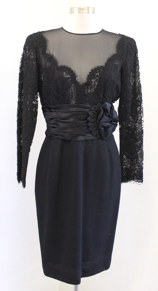 Vtg 90s Liancarlo Black Lace Mesh Wool Cocktail Party Dress Size 10 3D Floral