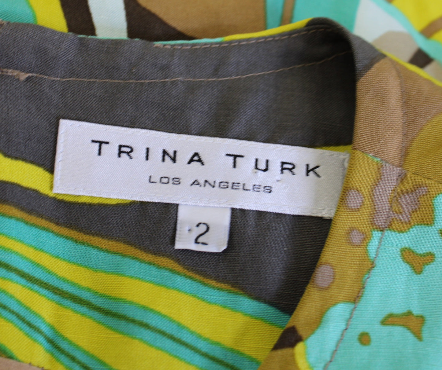 Trina Turk Brown Green Butterfly Print Tie Neck Shift Dress Size 2 Silk Linen
