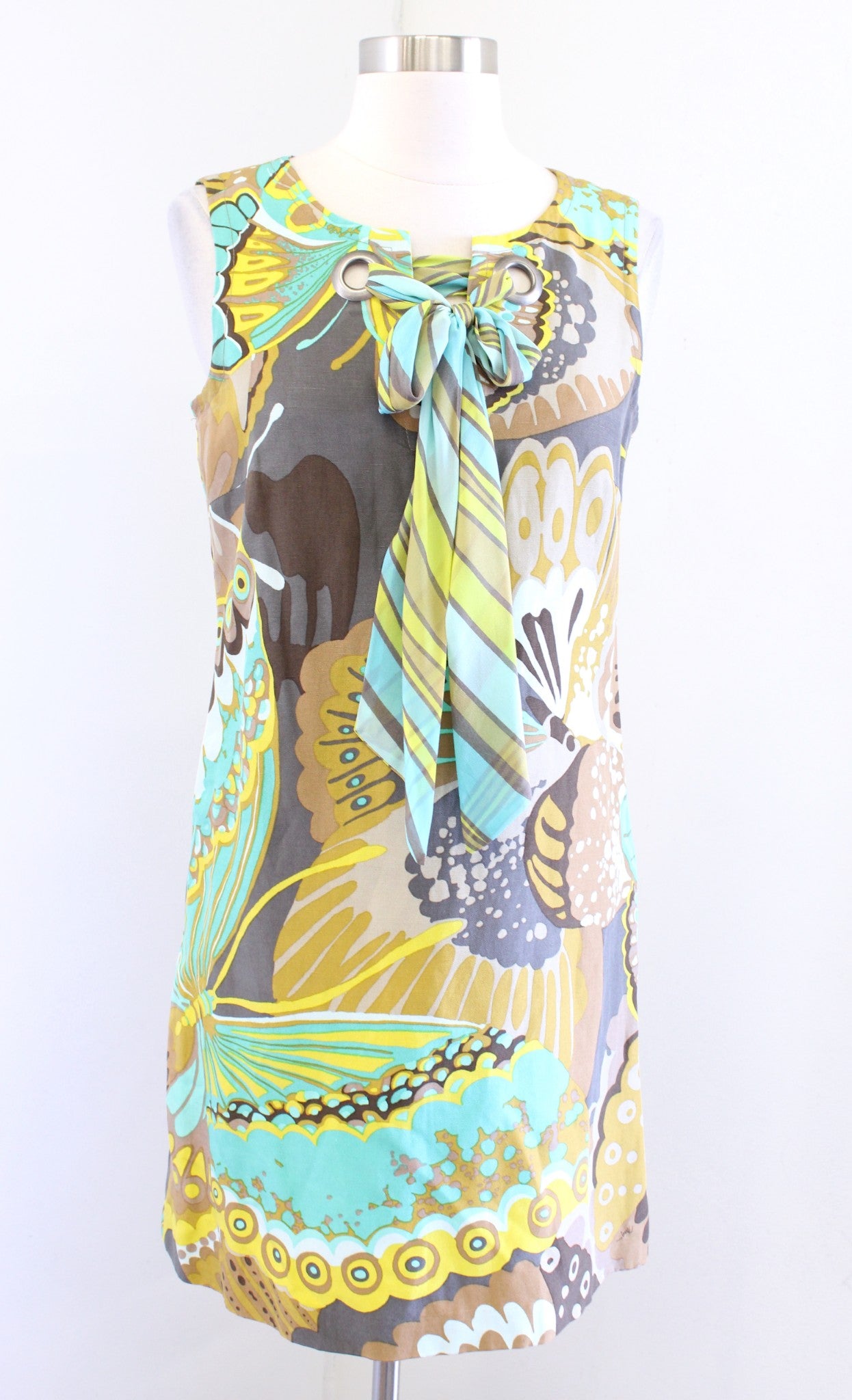 Trina Turk Brown Green Butterfly Print Tie Neck Shift Dress Size 2 Silk Linen