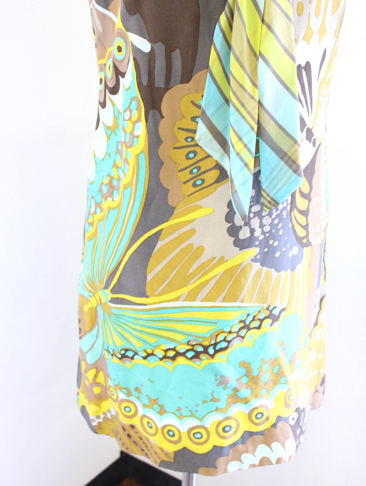 Trina Turk Brown Green Butterfly Print Tie Neck Shift Dress Size 2 Silk Linen