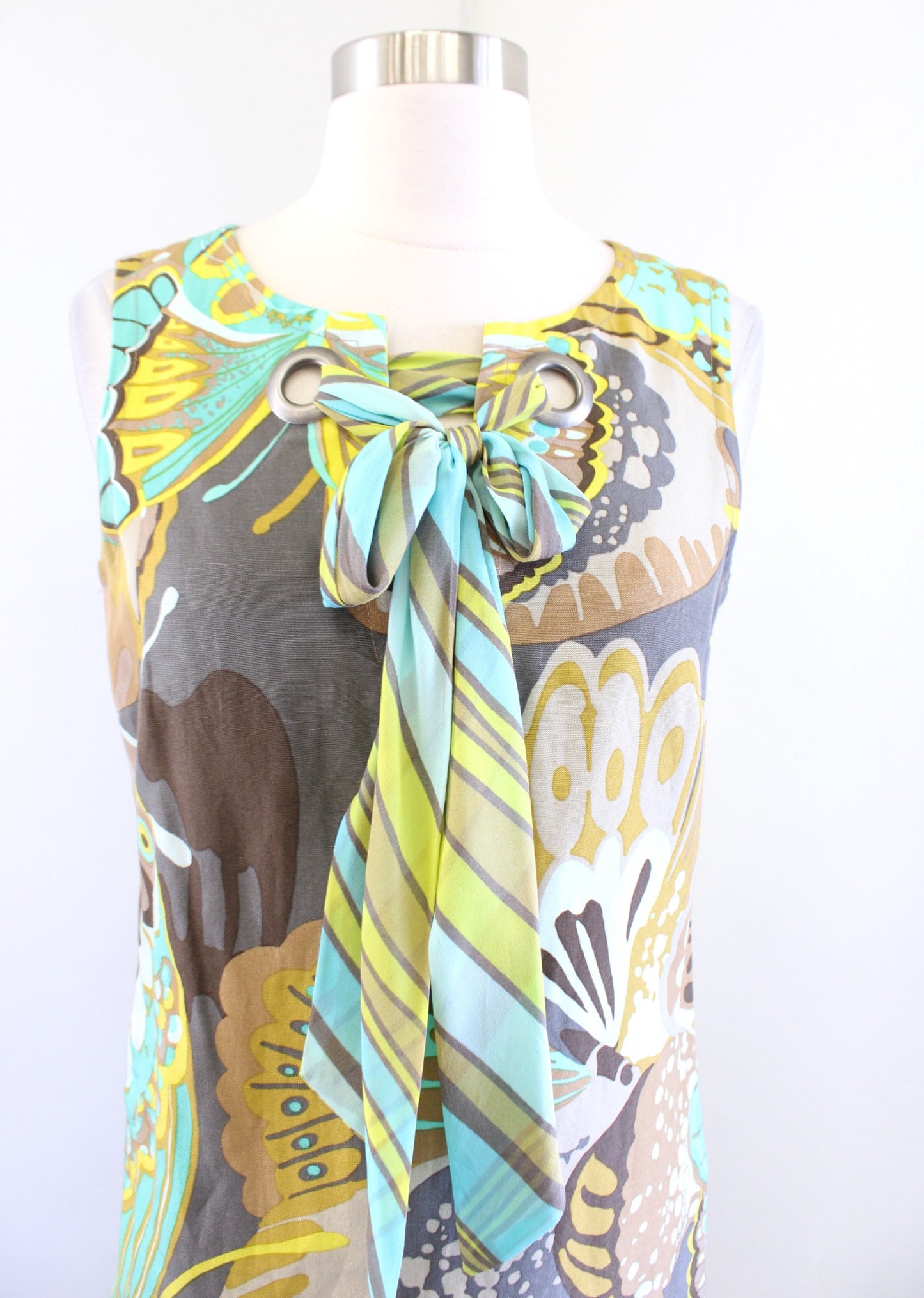 Trina Turk Brown Green Butterfly Print Tie Neck Shift Dress Size 2 Silk Linen