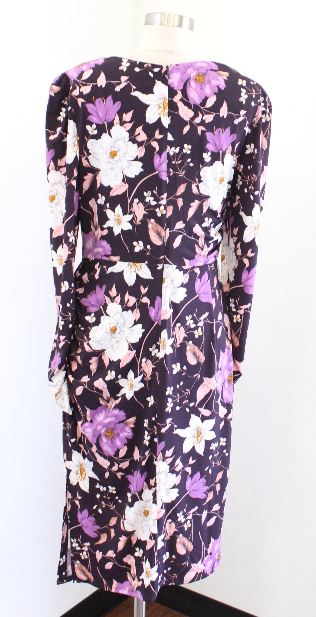 Eliza J Purple Floral Puff Long Sleeve Ruched Jersey Sheath Dress Size 12