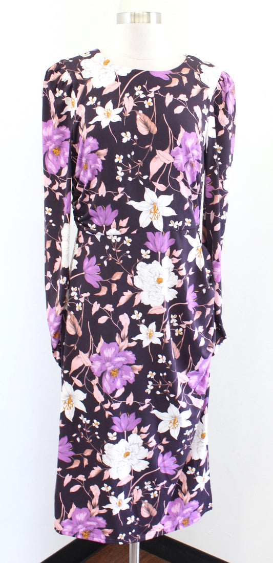 Eliza J Purple Floral Puff Long Sleeve Ruched Jersey Sheath Dress Size 12