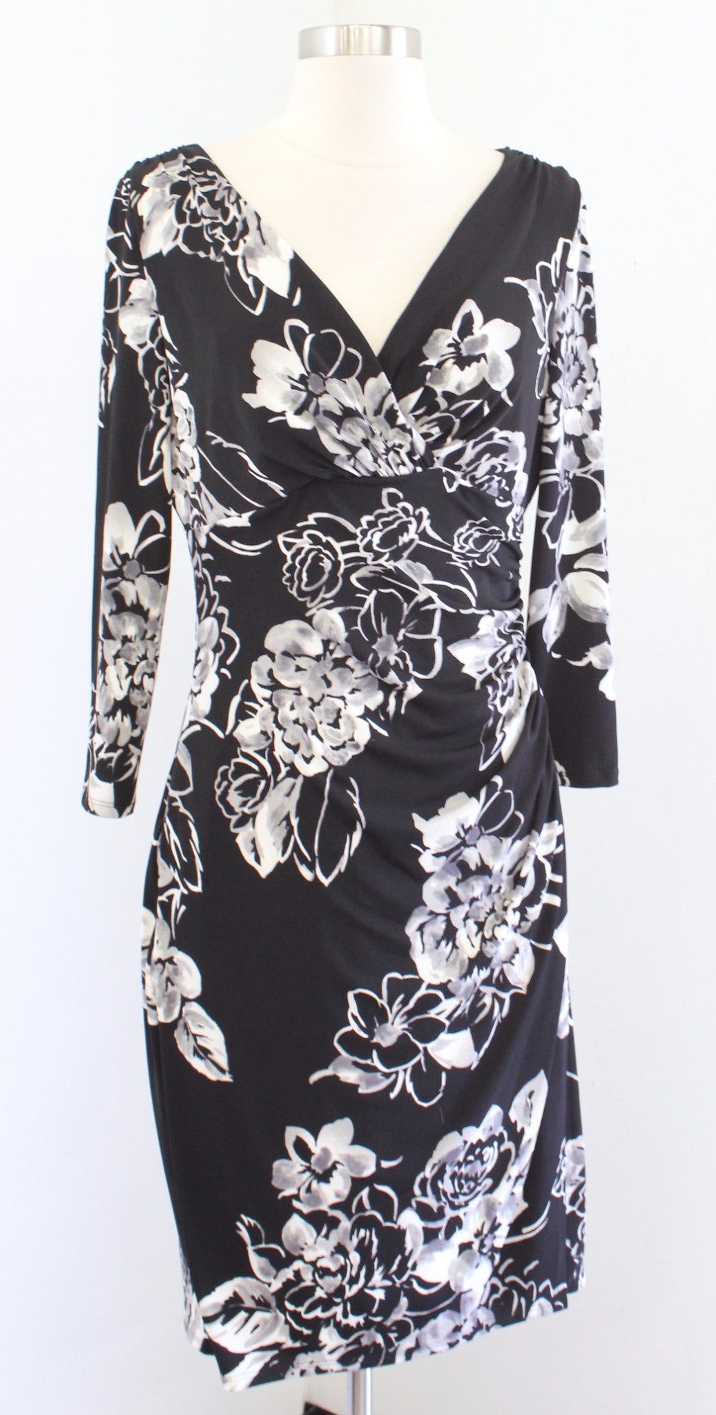 Lauren Ralph Lauren Black White Gray Floral V Neck Ruched Wiggle Dress Size 8
