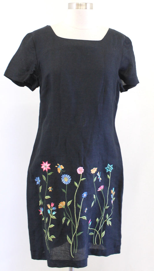 Vtg 2000s Y2k Black Linen Blend Garden Floral Embroiderd Short Sleeve Dress Sz 8