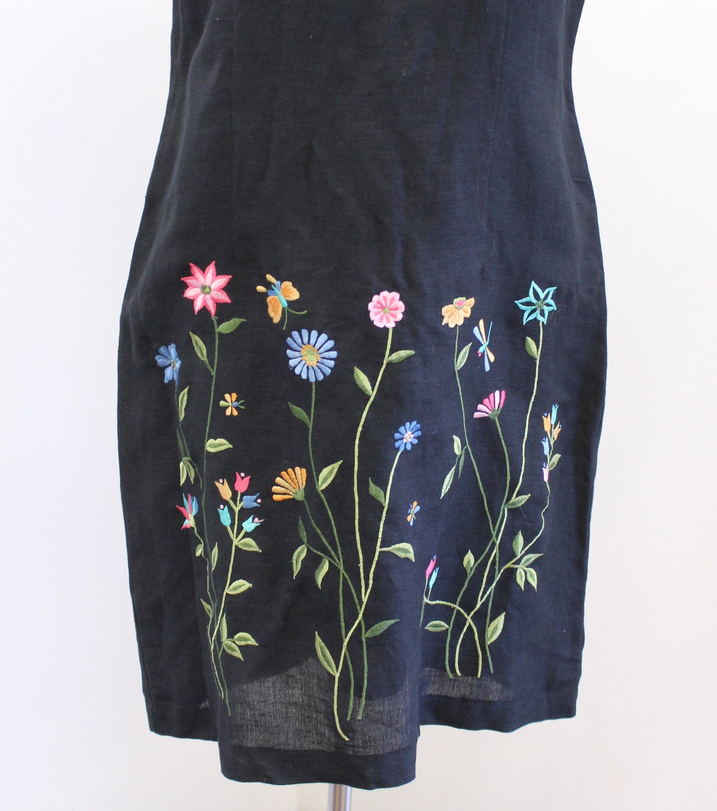 Vtg 2000s Y2k Black Linen Blend Garden Floral Embroiderd Short Sleeve Dress Sz 8