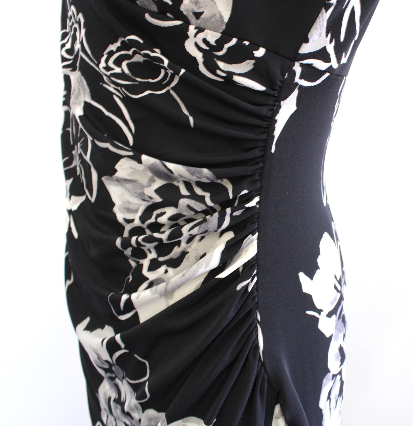 Lauren Ralph Lauren Black White Gray Floral V Neck Ruched Wiggle Dress Size 8