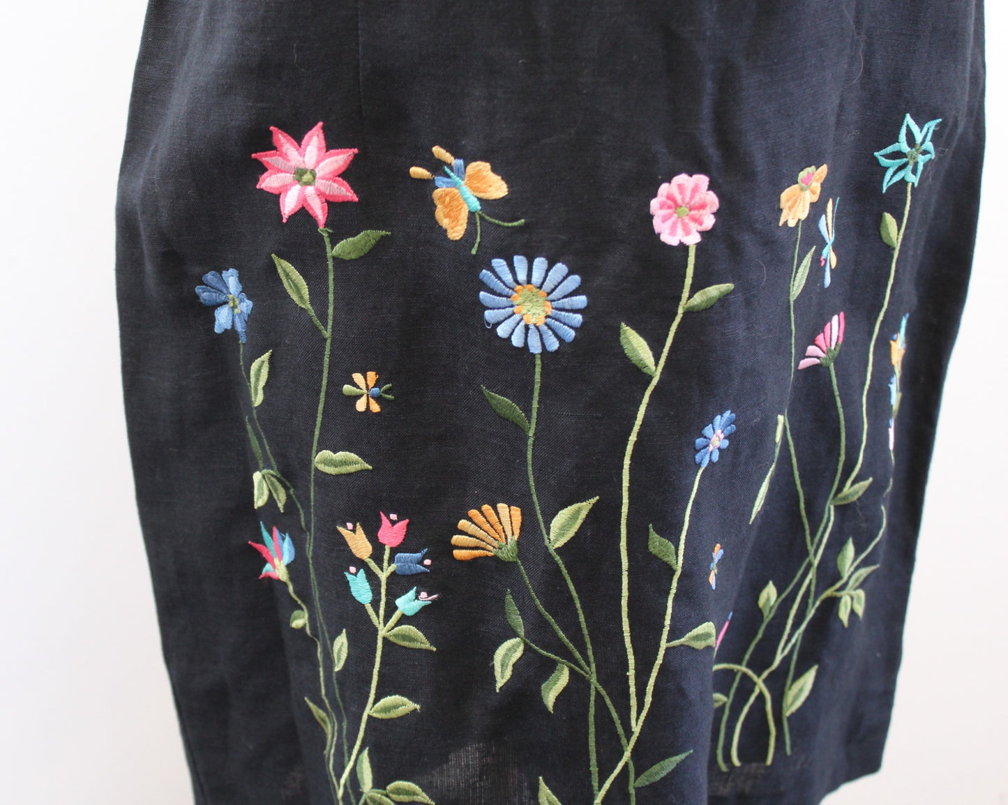 Vtg 2000s Y2k Black Linen Blend Garden Floral Embroiderd Short Sleeve Dress Sz 8