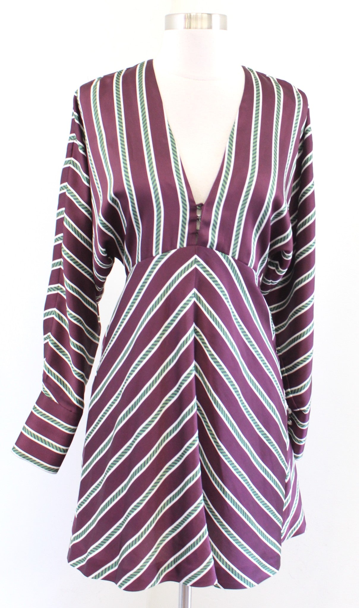 Alexis Tena Burgundy Green Striped Plunge V Neck Long Sleeve Mini Dress Size XS