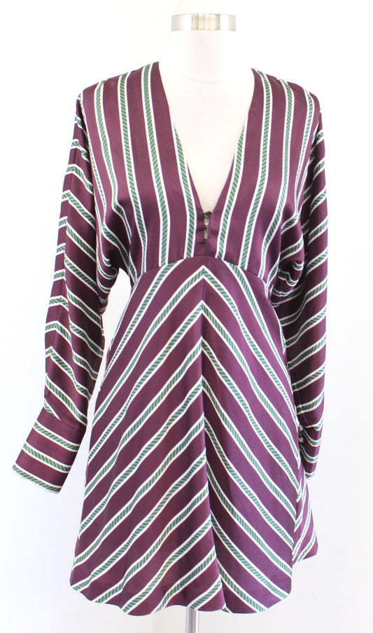 Alexis Tena Burgundy Green Striped Plunge V Neck Long Sleeve Mini Dress Size XS
