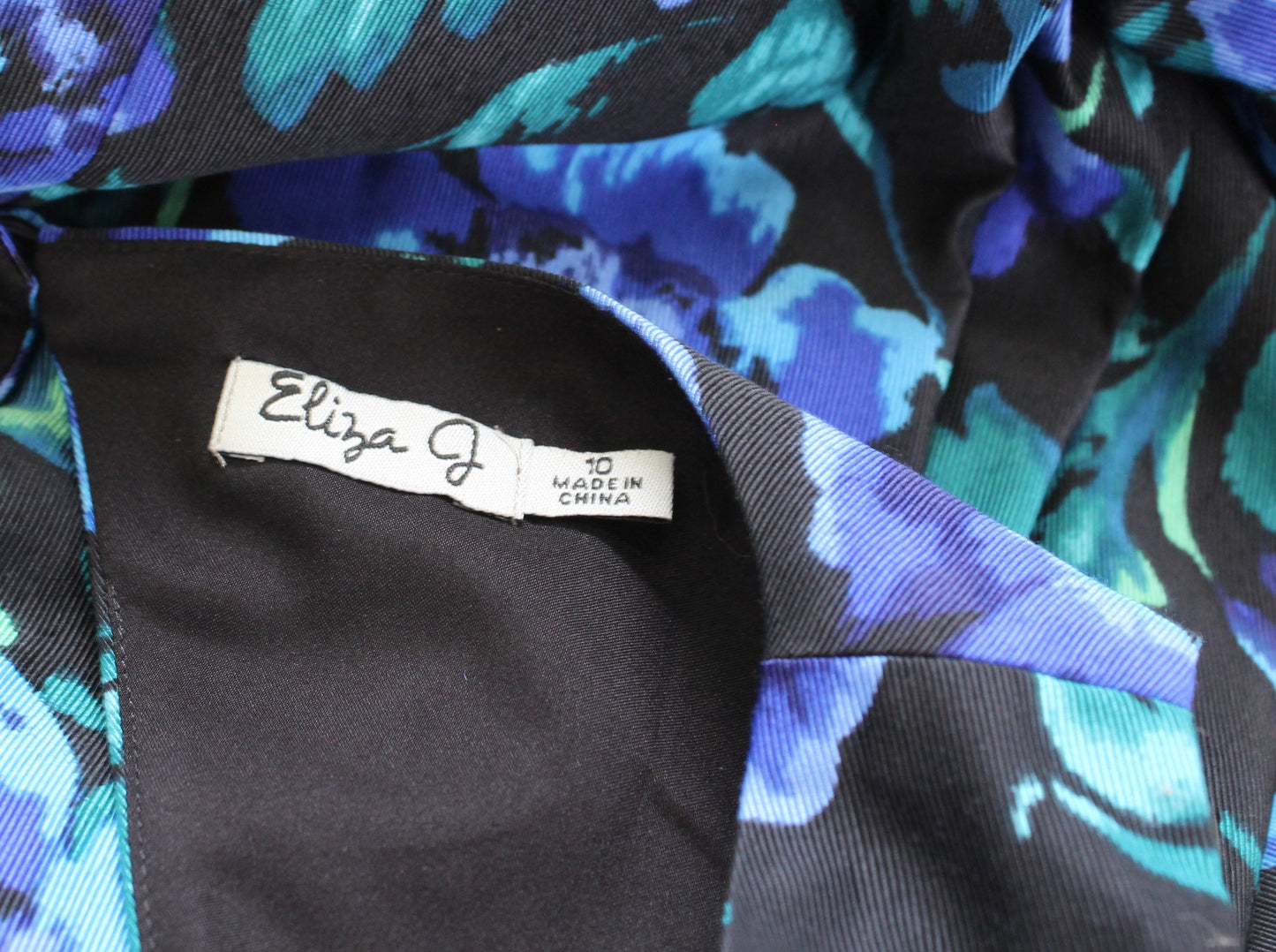 Eliza J Black Blue Floral Print Fit & Flare Mesh Stripe Cocktail Party Dress 10